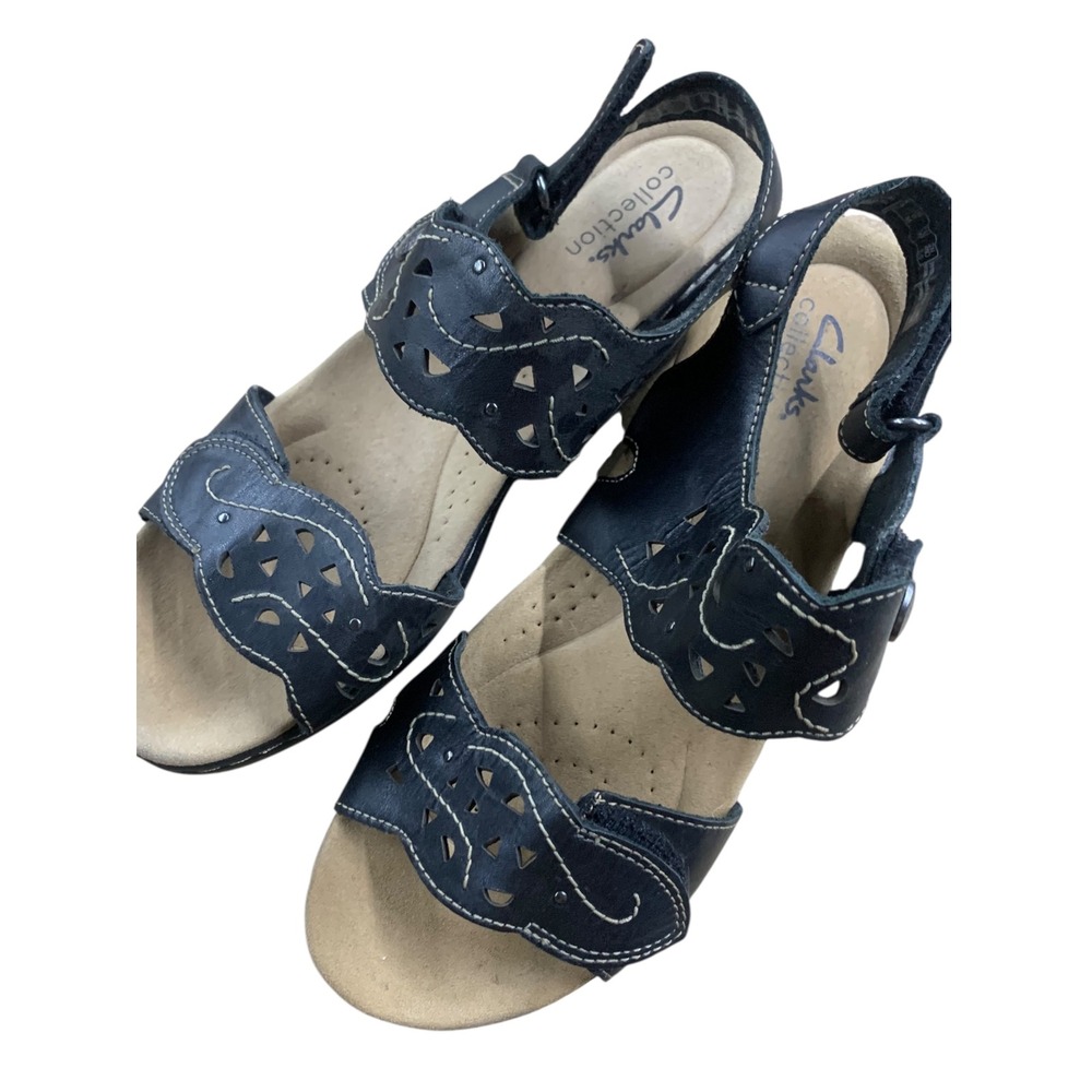 Clarks Collection Black Leather Adjustable Strap Sandals - US Womens 8M